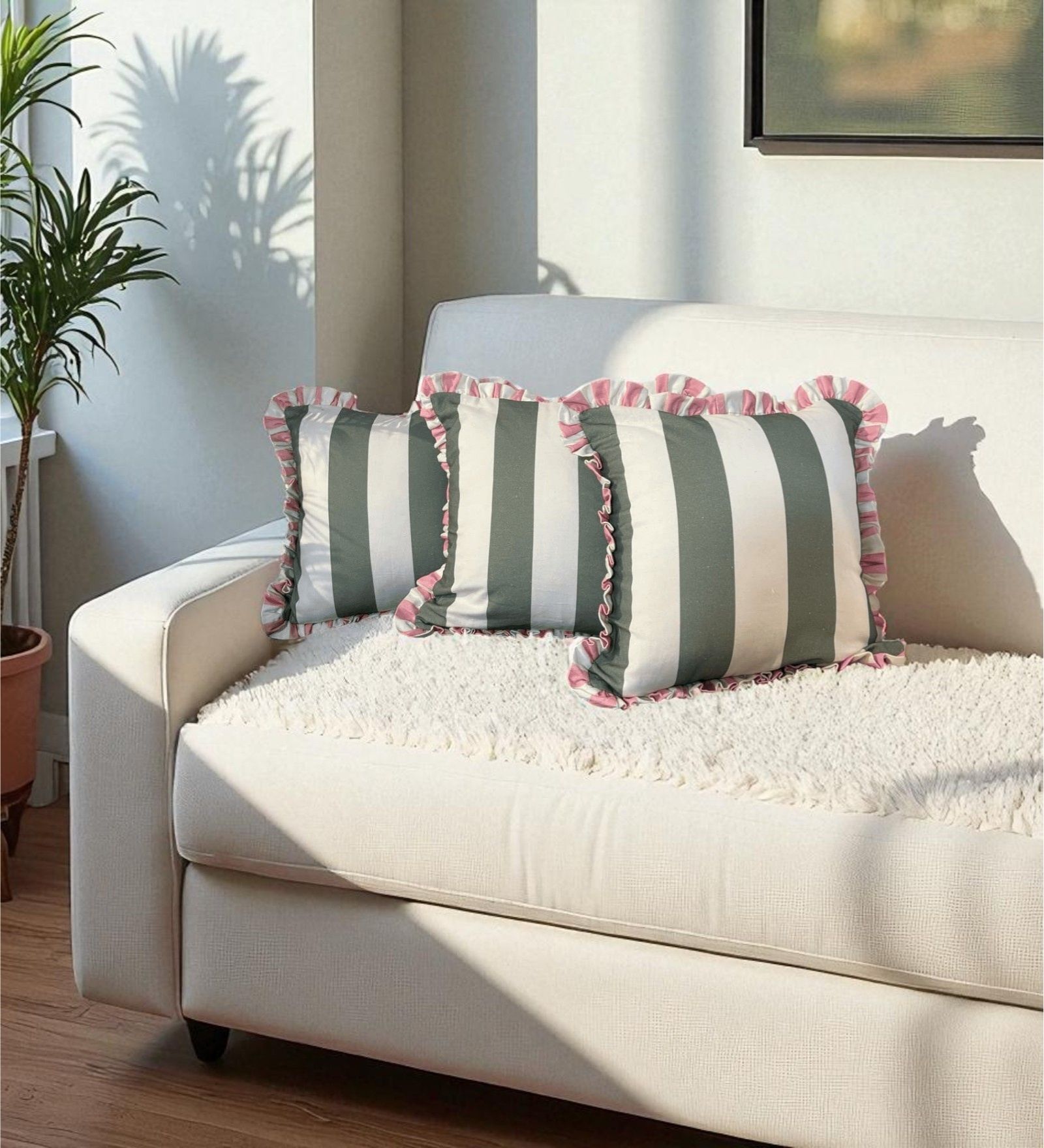 Olive Striped Striped Cotton Ruffle 18x18 inches Cushion Covers Set of 3