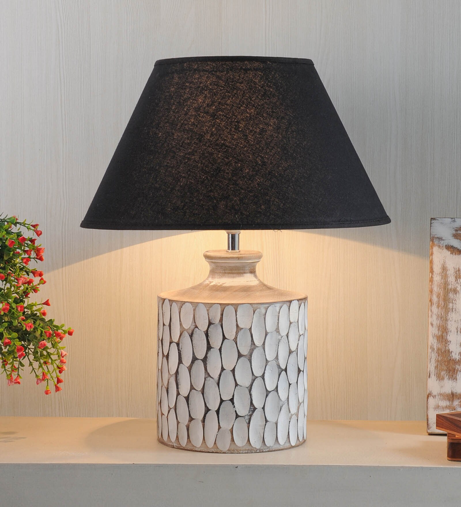 Triad Black Cotton Shade Night Lamp With Wood Base