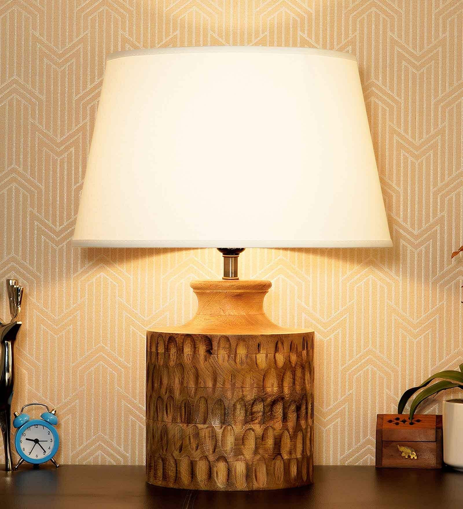 Groove White Cotton Shade Night Lamp With Wood Base