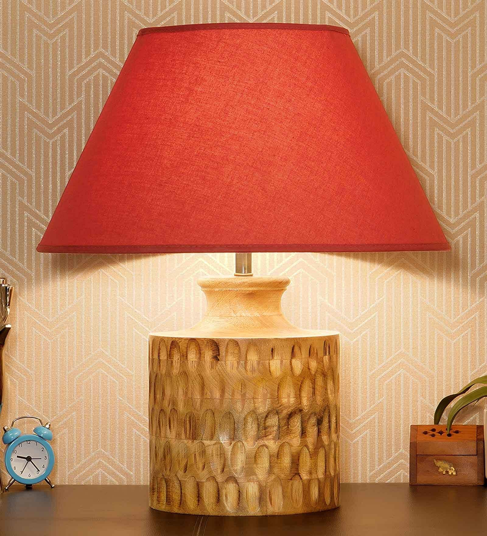 Intricately Beige Cotton Shade Night Lamp With Wood Base