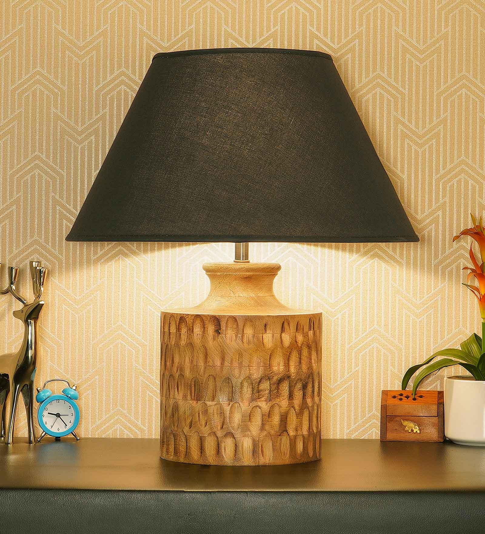 Eros Beige Cotton Shade Night Lamp With Wood Base