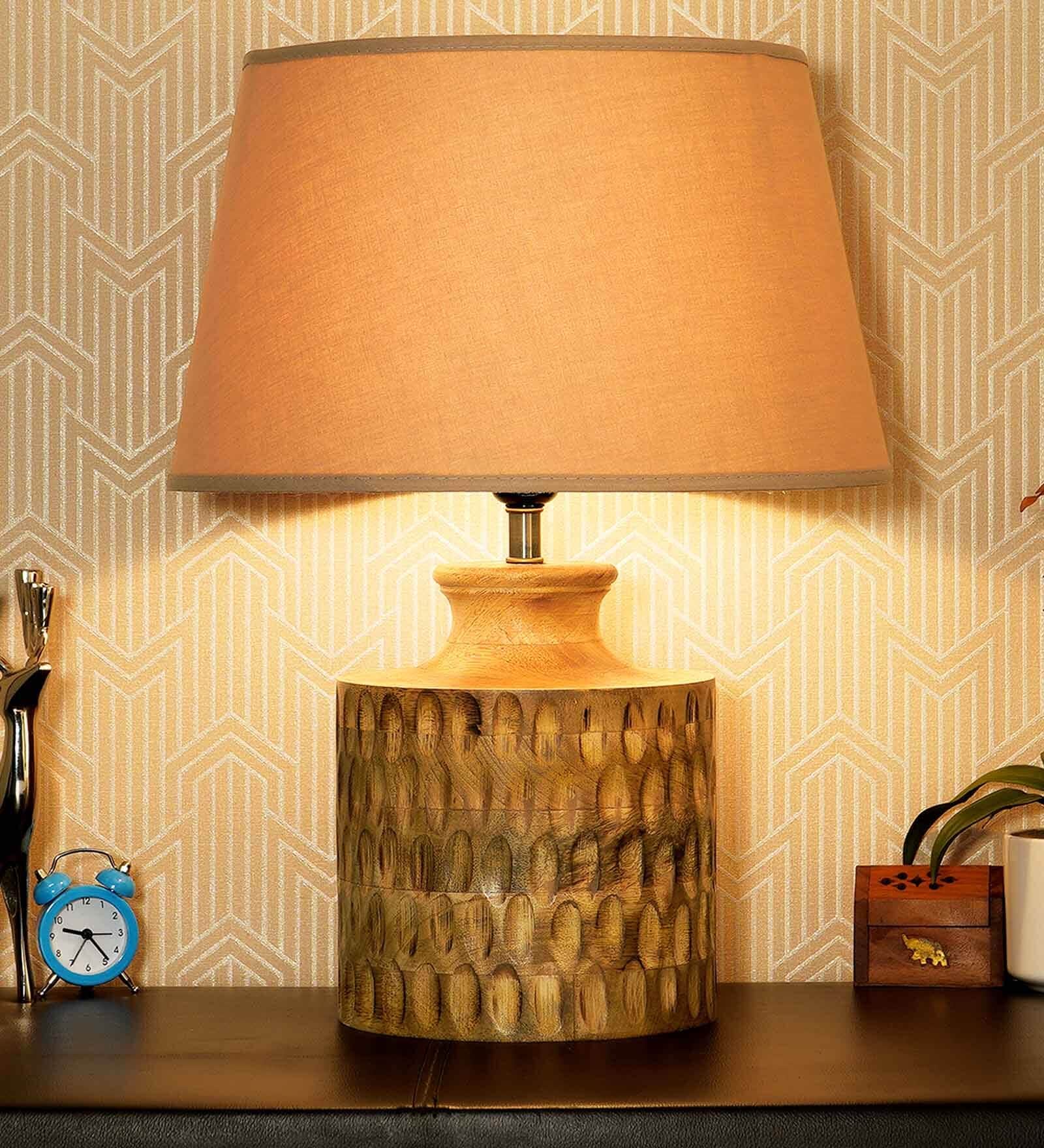 Bastian Beige Cotton Shade Night Lamp With Wood Base