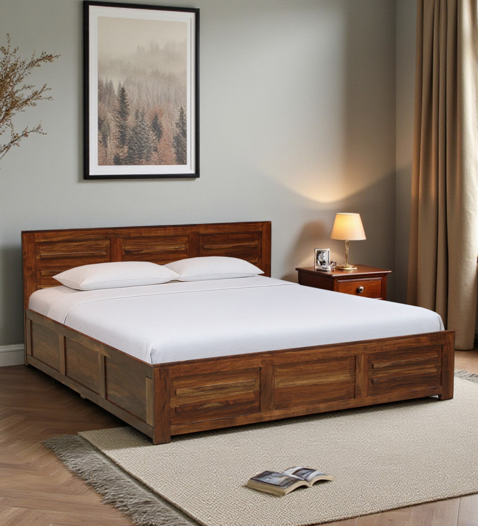 Gartz Sheesham Wood King Size Bed In Provincial Teak Finish With Box Storage