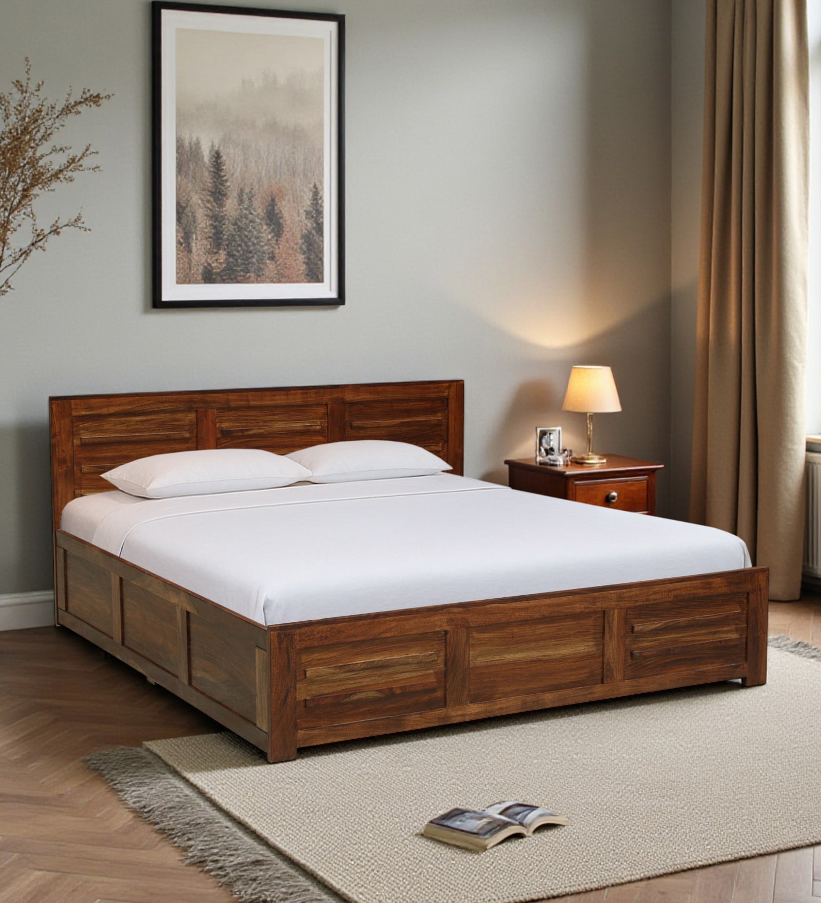 Gartz Sheesham Wood Queen Size Bed In Provincial Teak Finish With Box Storage