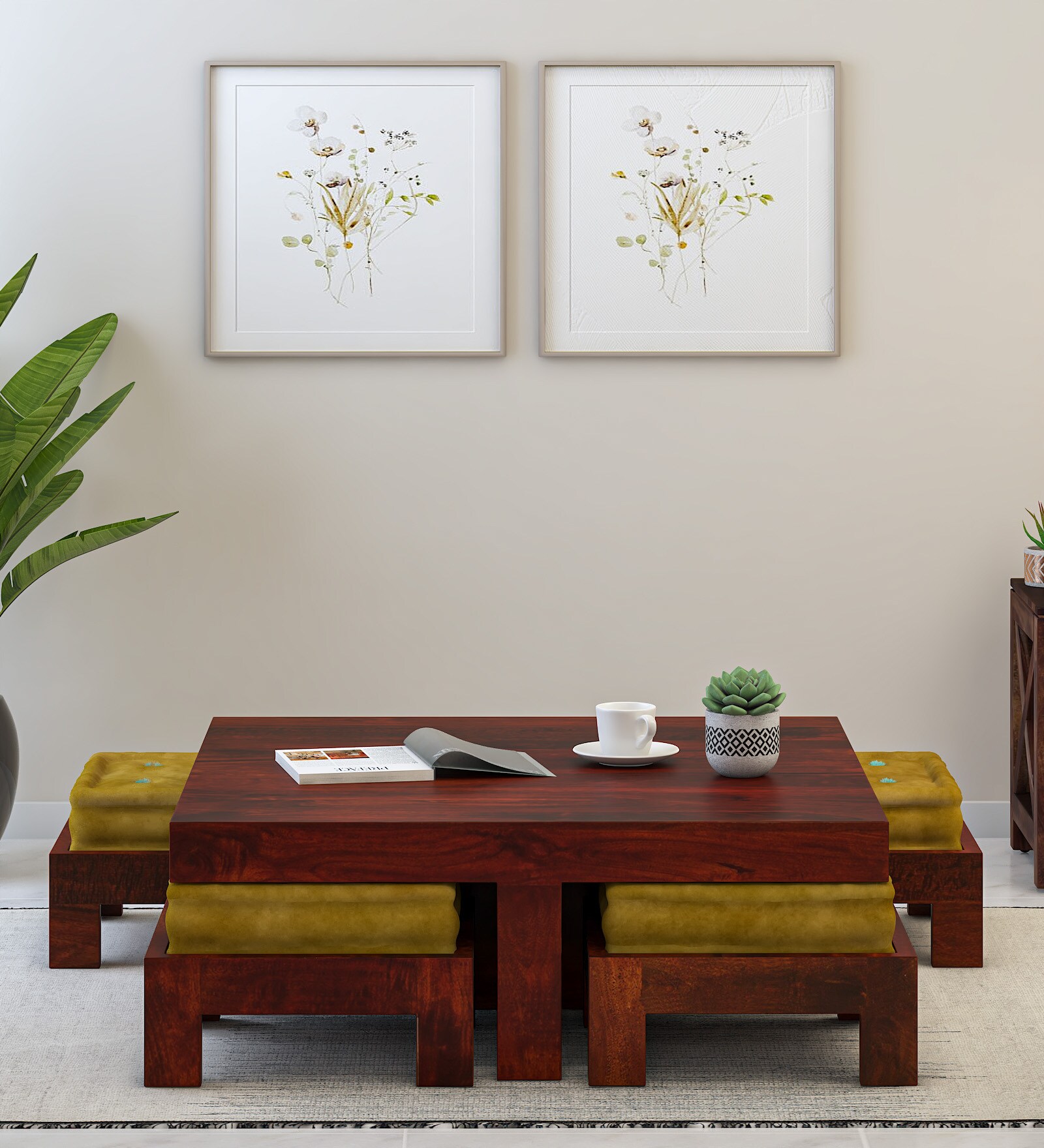 Cohen Solid Wood Nesting Coffee Table Set in Honey Oak Finish With Cushioned Stools