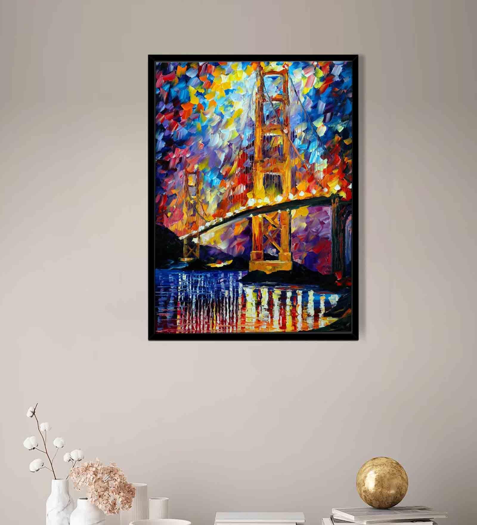 Gate Bridge Multicolour Synthetic Wood Framed Canvas Wall Painting
