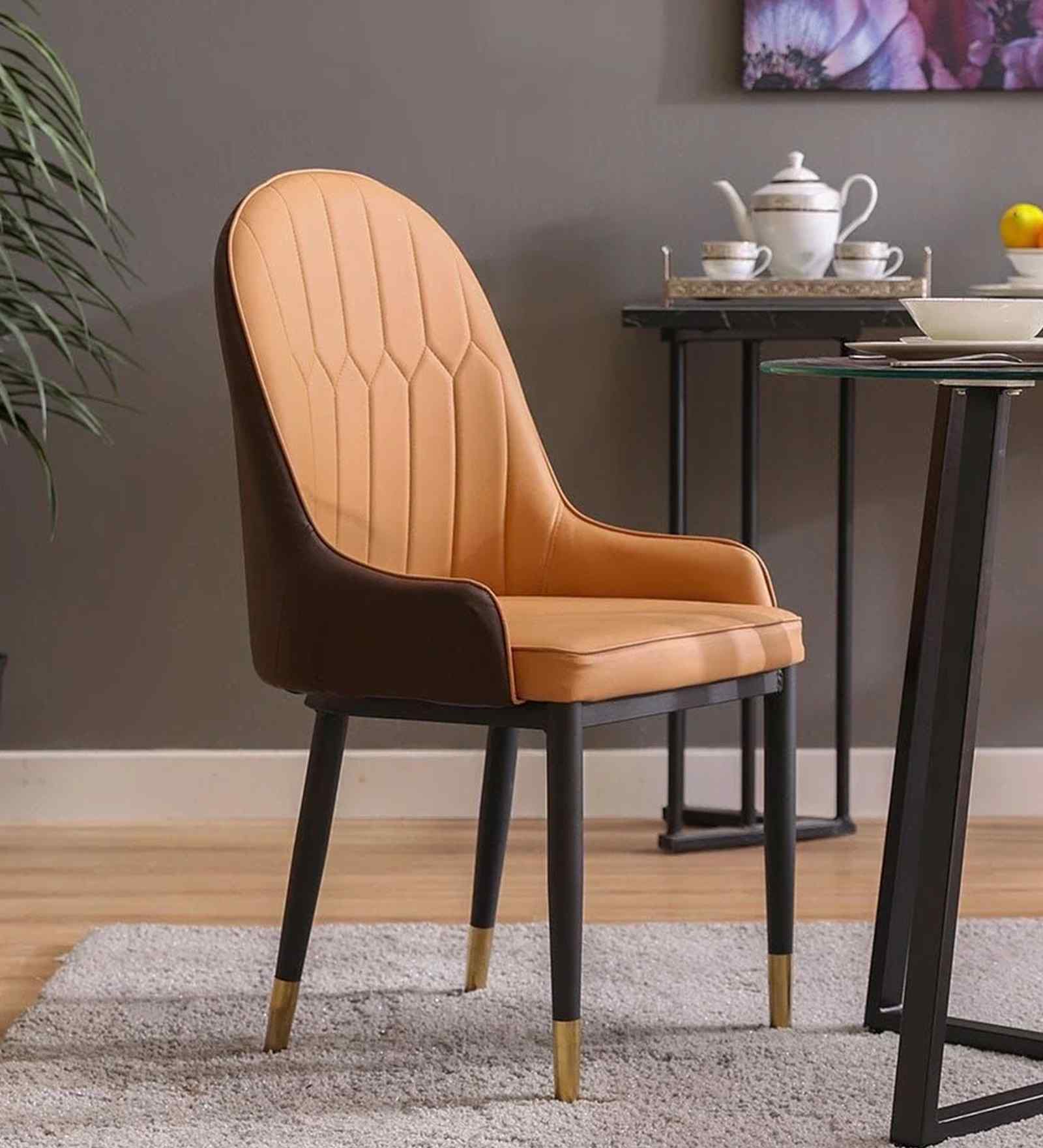 Gatiman Leatherette Dining Chair In Tan & Orange Colour