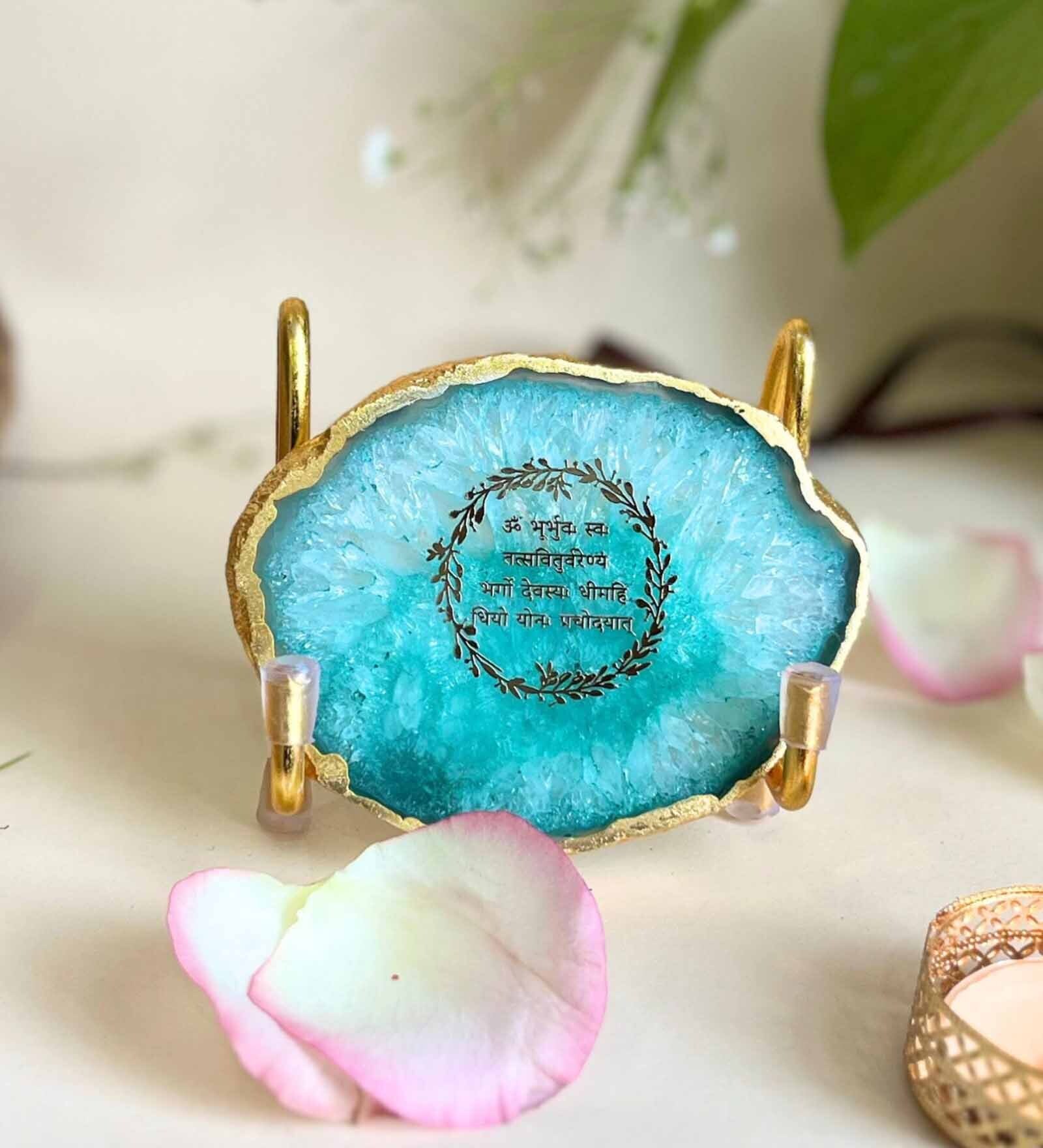 Gayatri Mantra Metal Holder with Green Agate