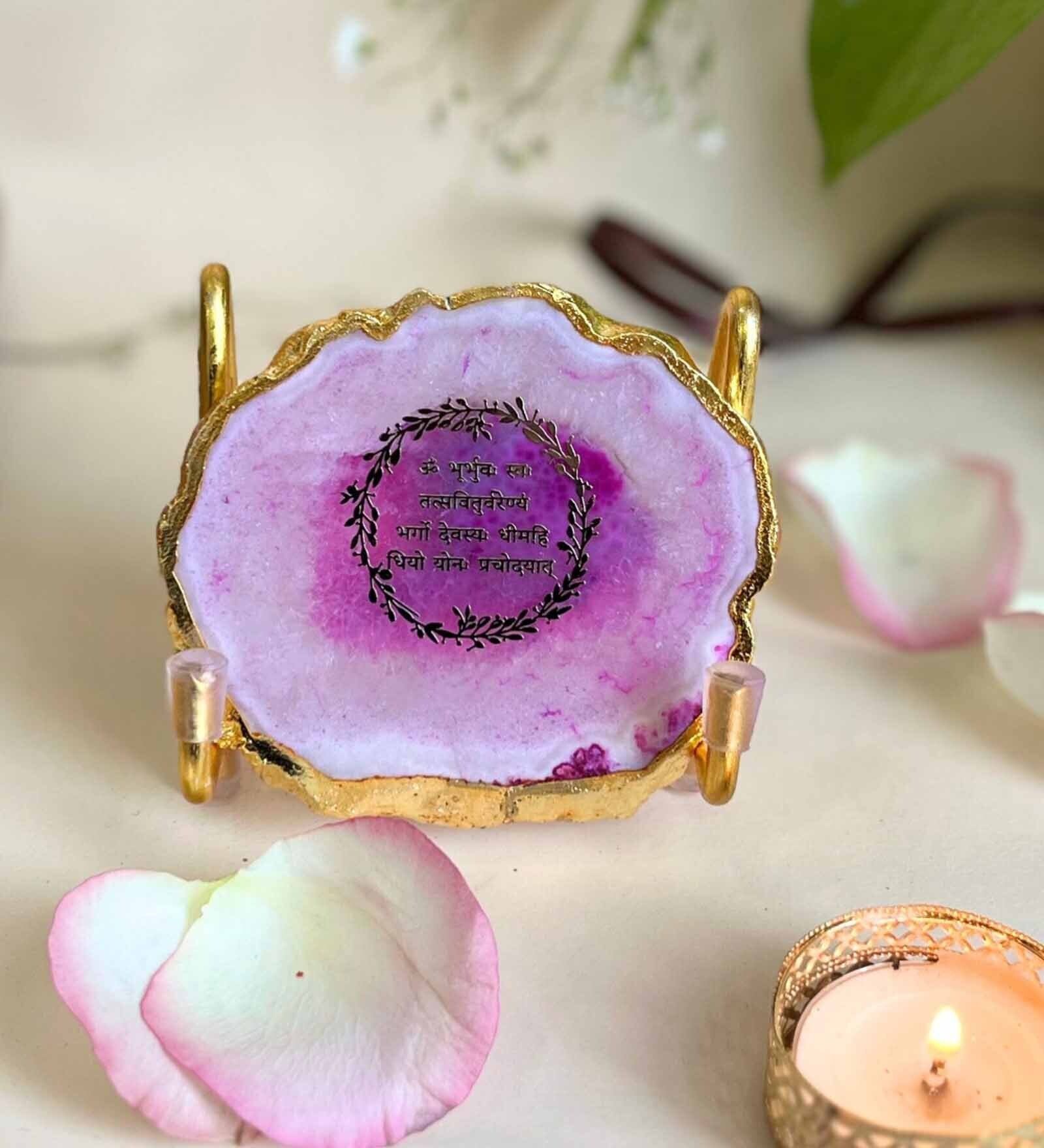 Gayatri Mantra Metal Holder with Pink Agate