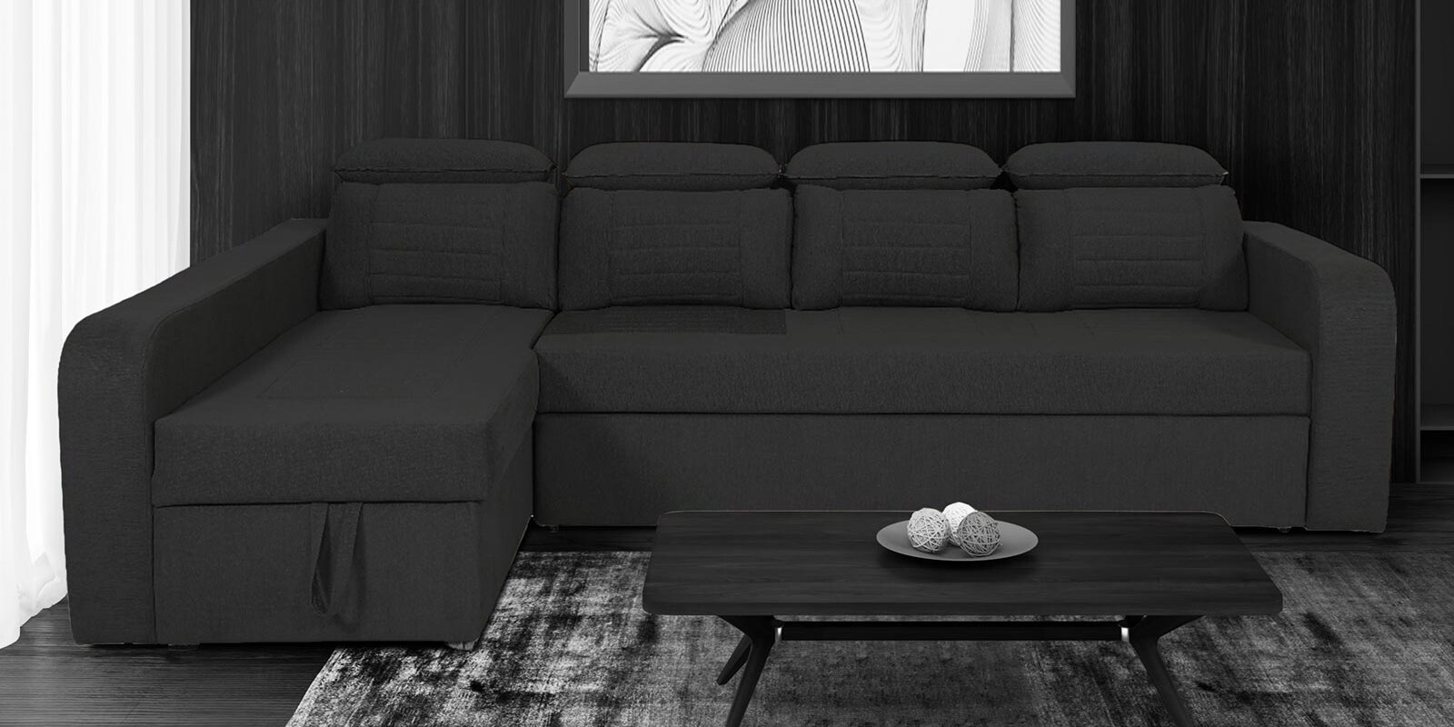 Buy Galleria Fabric RHS PullOut Sofa Cum Bed in Charcoal Grey Colour