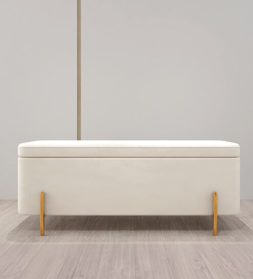 Gabriel Velvet Bench In Ivory Colour With Storage