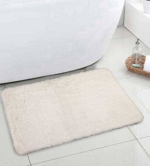 White Solid Cotton 16x13 Inches AntiSkid Bath Mat by Obsessions