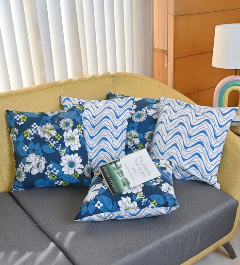 Galaxy Blue Microfiber Floral 16X16 Inches Cushion Covers Set Of 5