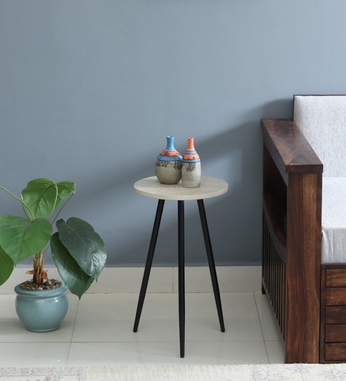 Galison Metallic End Table With Black Base & Travertine Top