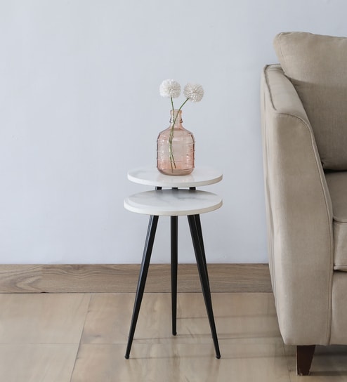 Galison Metallic End Table with Black Base & White Porcelain Top (Set of2)