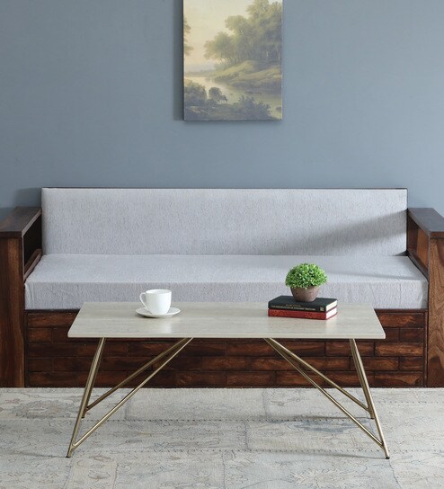 Galliano Metal Coffee Table In White & Matte Gold Finish With Travertine Top