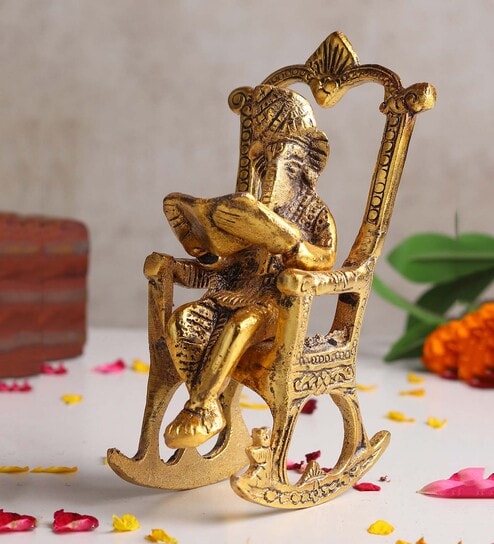 (1Pc) Gold Metal Ganesh Idol Sitting On Chair
