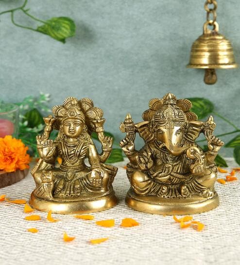 Ganesh Laxmi Gold Brass Idol