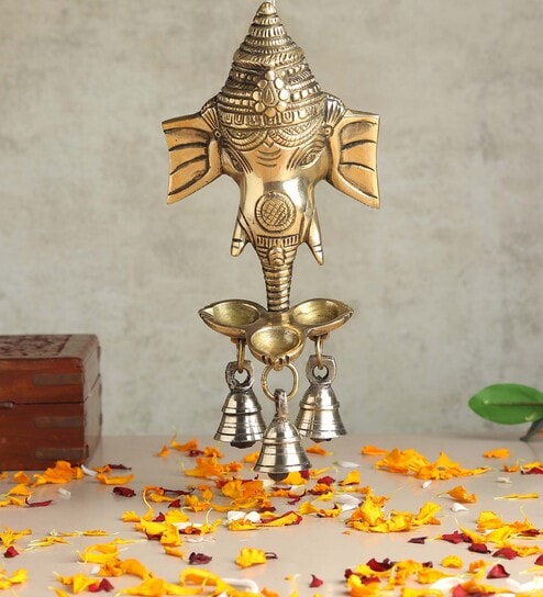 Golden Ganesha Brass Wall Decor with Hanging Diyas and Bells