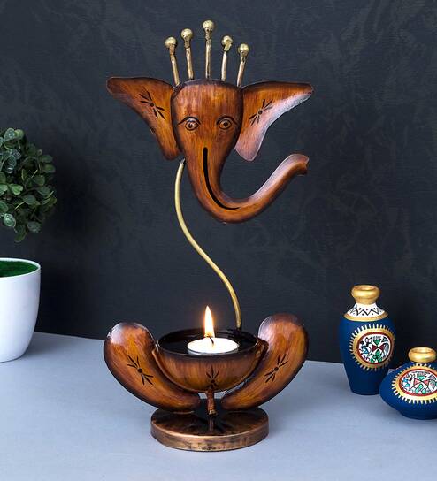 Ganesha Brown Metal Table Tea Light Holder