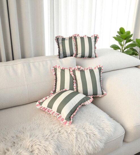 Olive Striped Striped Cotton Ruffle 18x18 inches Cushion Covers Set of 5