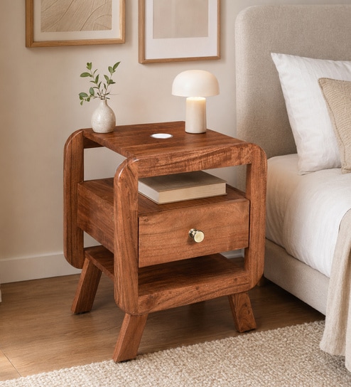 Garrison Acacia Wood Bedside Table With Charging Slot in Natural Glazed Finish-image-10