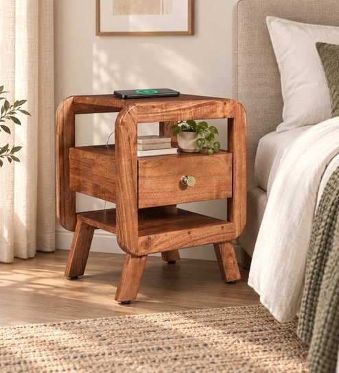 Garrison Acacia Wood Bedside Table With Magsafe Wireless Charger on Top in Natural Glazed Finish