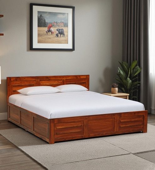 Gartz Sheesham Wood King Size Bed In Honey Oak Finish With Box Storage