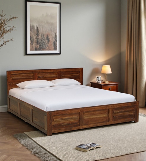 Gartz Sheesham Wood King Size Bed In Provincial Teak Finish With Box Storage