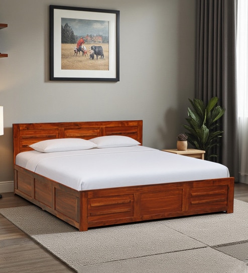 Gartz Sheesham Wood Queen Size Bed In Honey Oak Finish With Box Storage