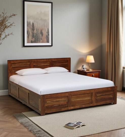 Gartz Sheesham Wood Queen Size Bed In Provincial Teak Finish With Box Storage