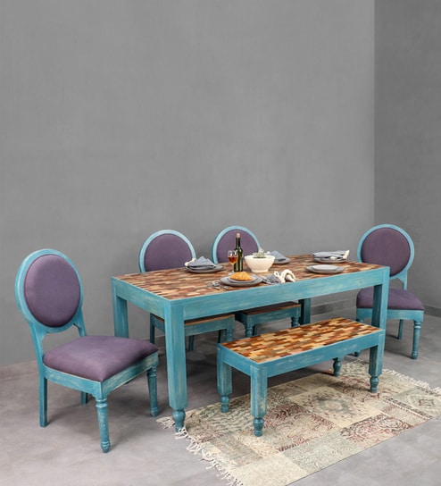Gastone Sheesham Wood 6 Seater Dining Set in Retro Blue & Teak Finish with Bench