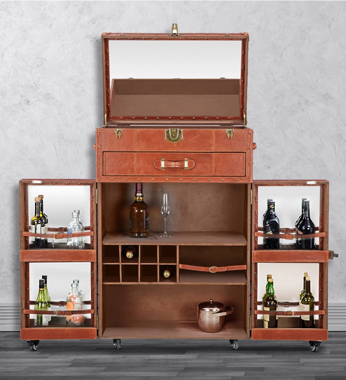 Buy Genuine Leather Bar on Wheels in Brown Colour by Studio