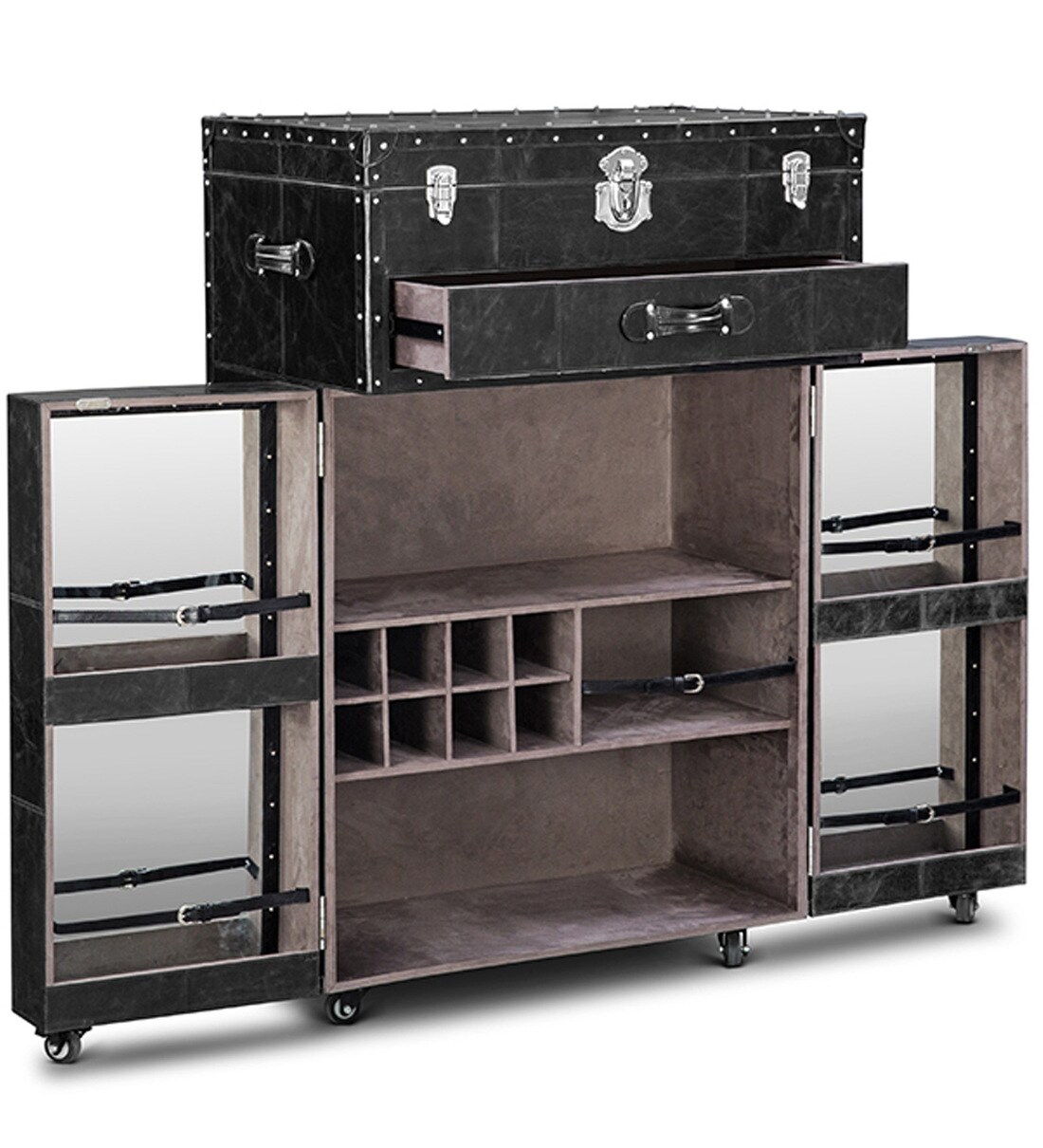 Buy Genuine Leather Bar on Wheels in Black Colour by Studio Ochre Online Industrial