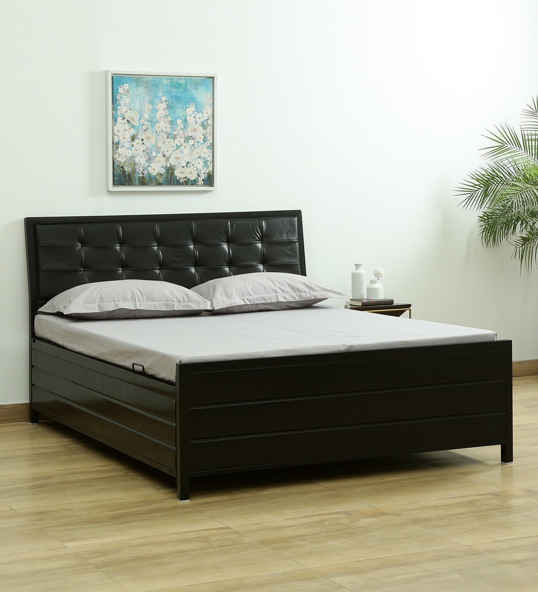 Buy Raven Metal Queen Size Bed With Hydraulic Storage In Black Colour