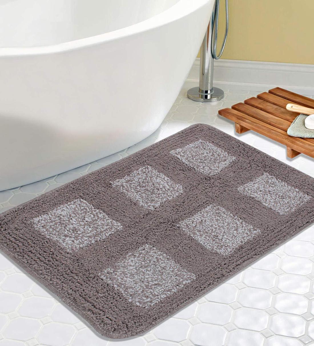Buy Grey Geometric Cotton 24x16 Inches AntiSkid Bath Mat by Saral Home