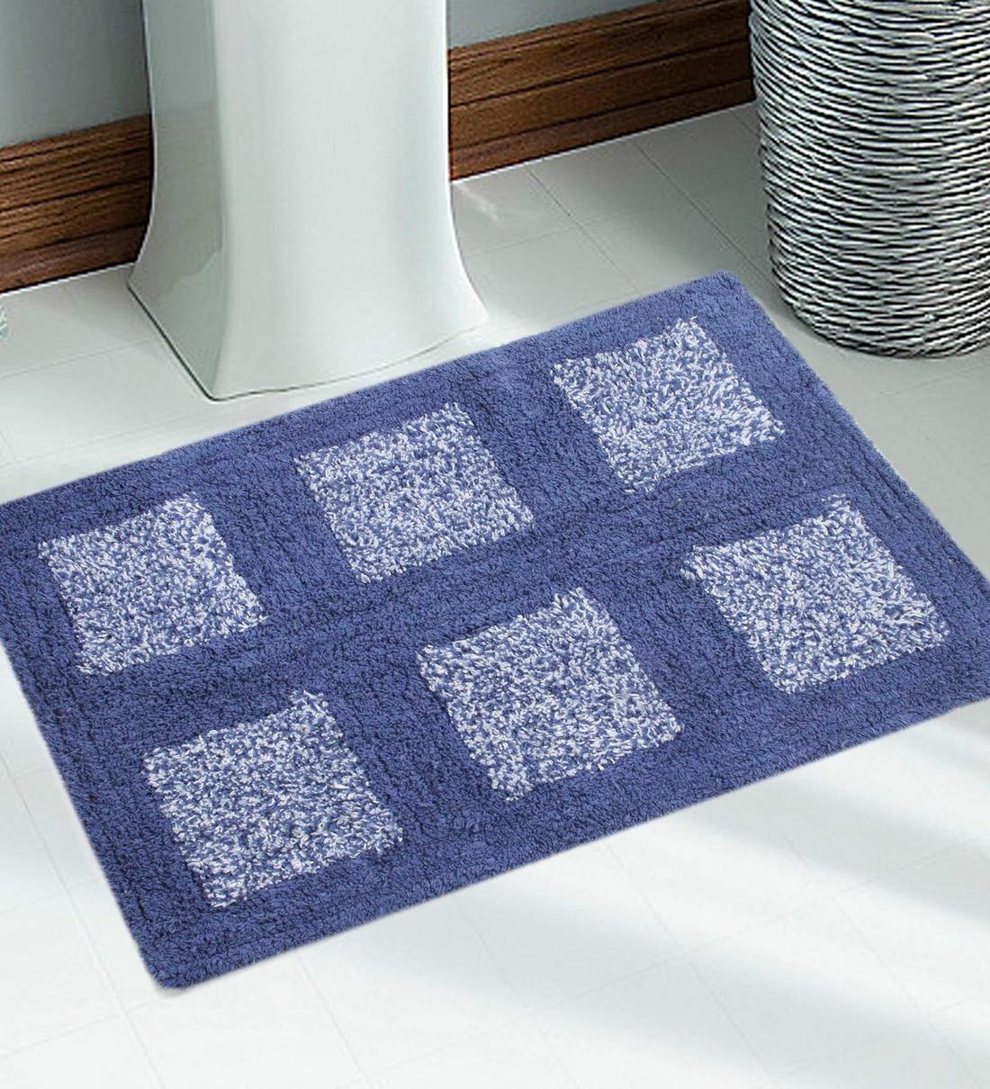 Buy Blue Geometric Cotton 24x16 Inches AntiSkid Bath Mat by Saral Home