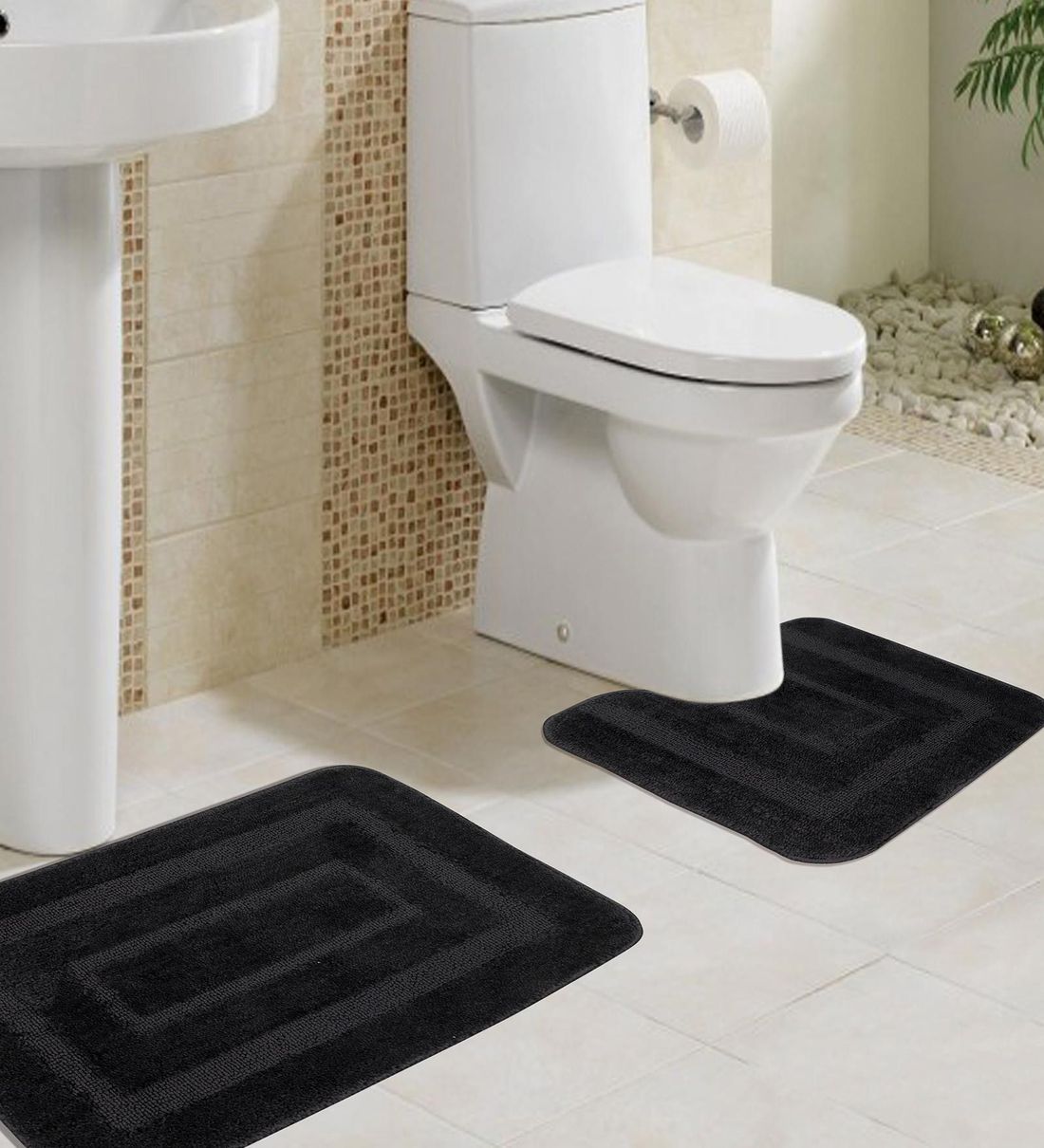 Buy Black Geometric Microfibre 24x16 Inches AntiSkid Bath Mat (Set of 2) by Saral Home Online