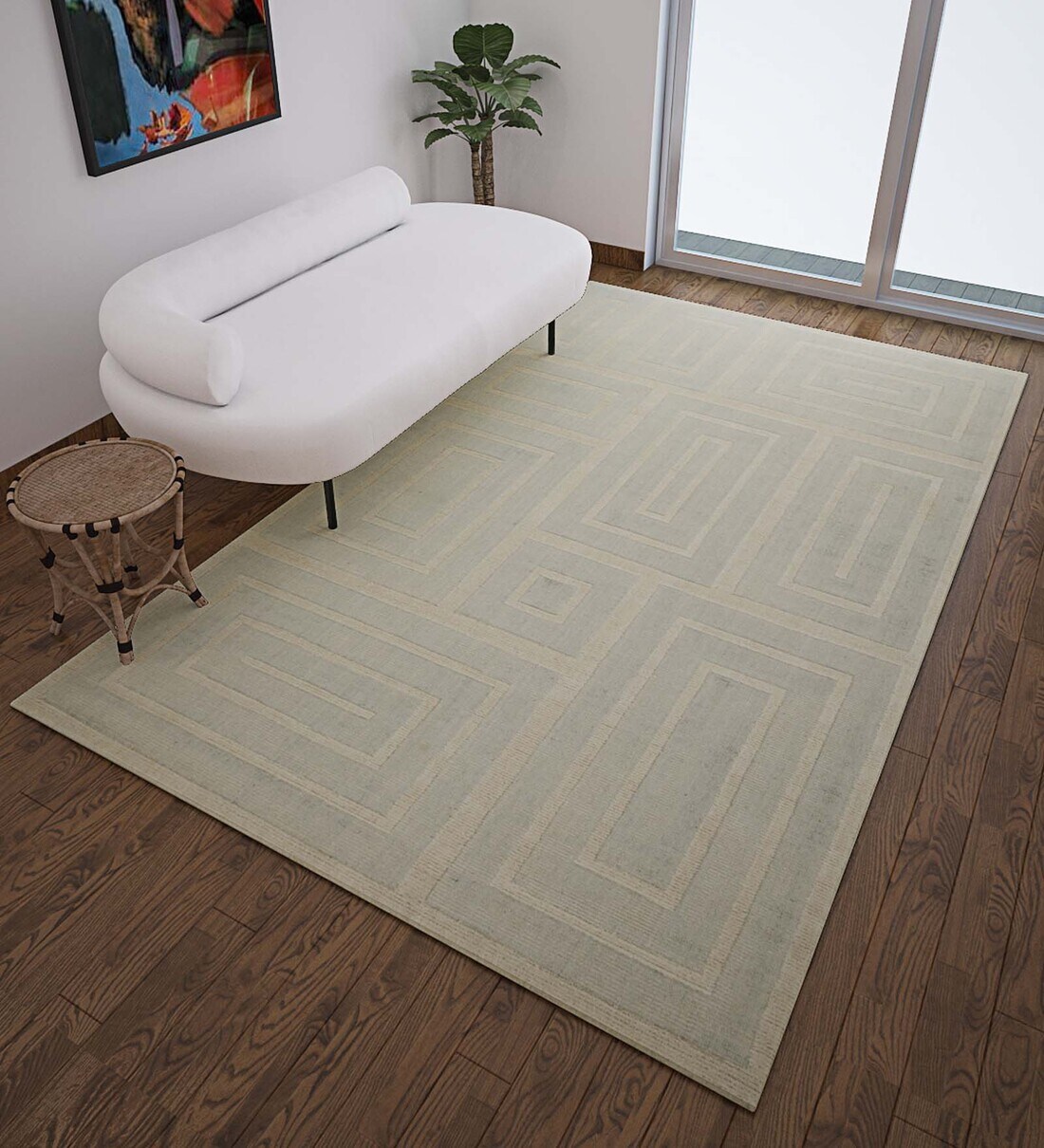Buy Cream Wool And Viscose Geometrical 5 x 8 Feet Hand Woven Carpet by