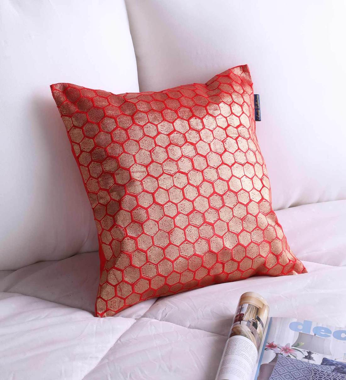 Buy Red Geometric Velvet 16 x 16 Inch Cushion Cover by Ambbi