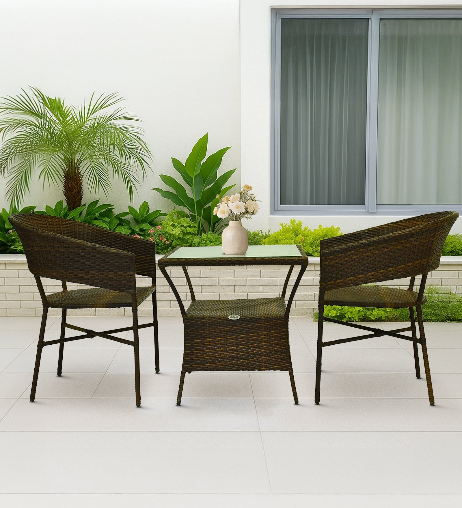 Geelong Wicker Table And Chair Set ( With 2 Chairs ) In Brown Finish