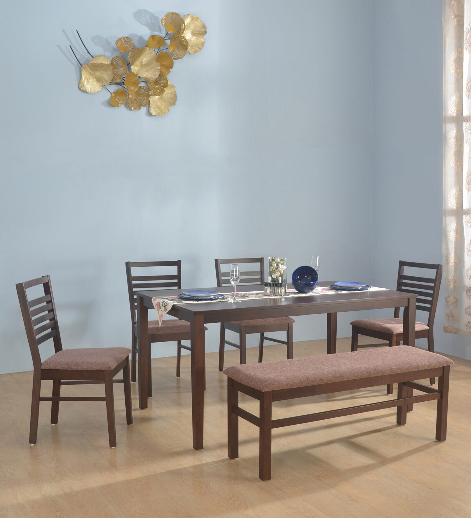 Gem 6 Seater Dining Set in Cappucino Finish with Bench
