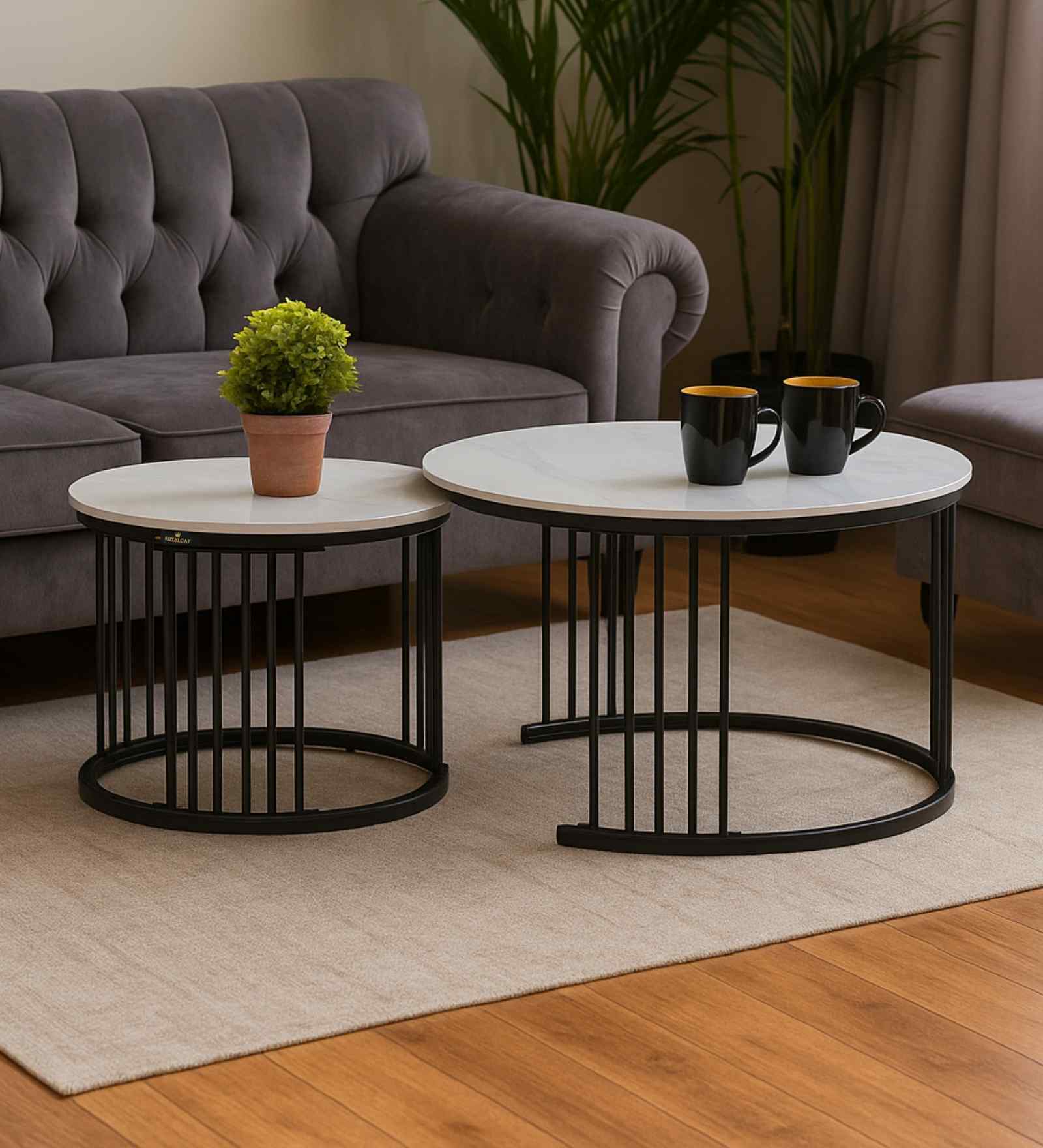 Genting Malaysian Round Sintereted Top Coffee Table Set Of 2 In White Black Finish