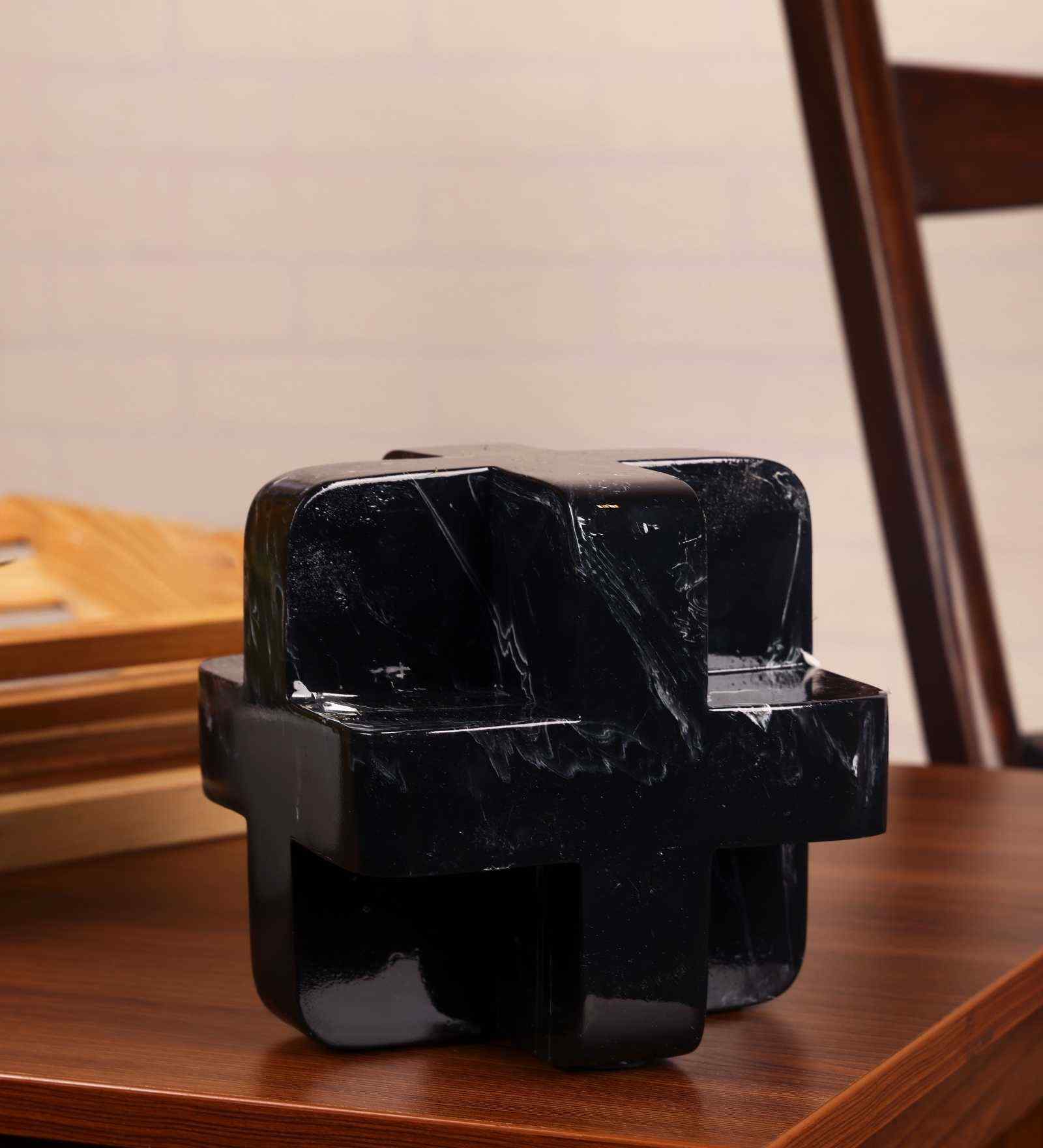 Geometric Black Cube Resin Artefact