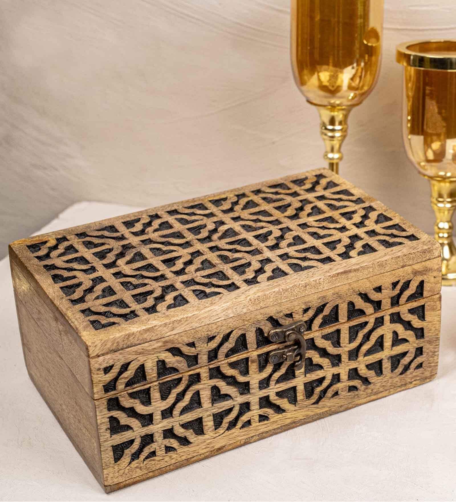 Geometric Brown & Black Acacia Wood Jewellery Organiser