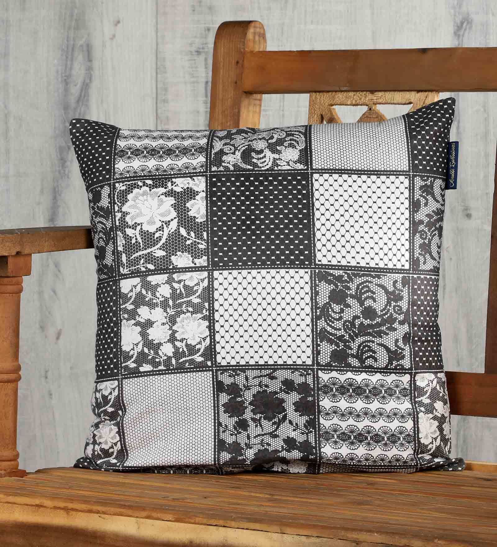Black Geometric Cotton 16 x 16 Inches Cushion Cover
