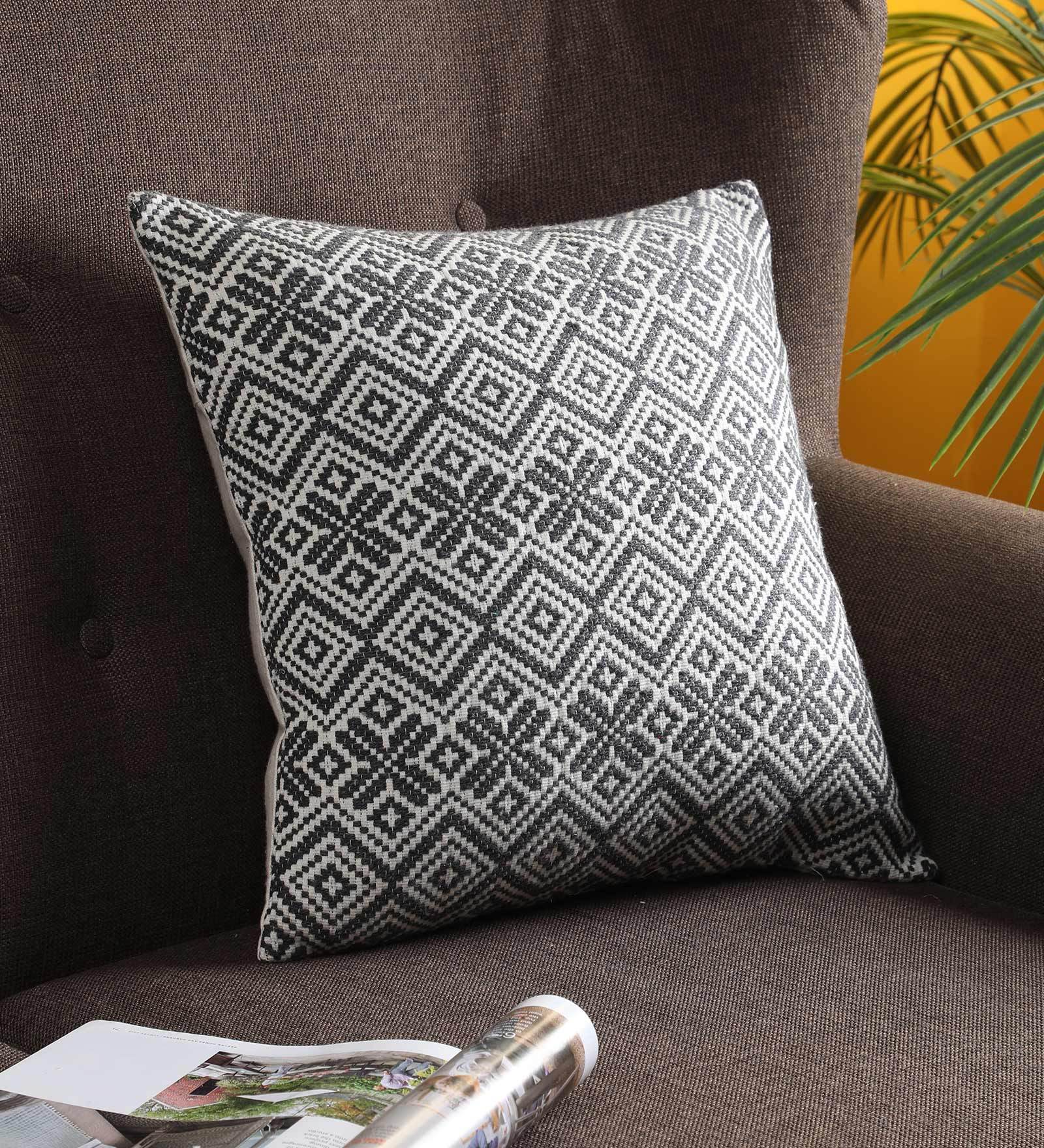 Grey Geometric Cotton Woven Jacquard 16 x 16 Inch Cushion Cover
