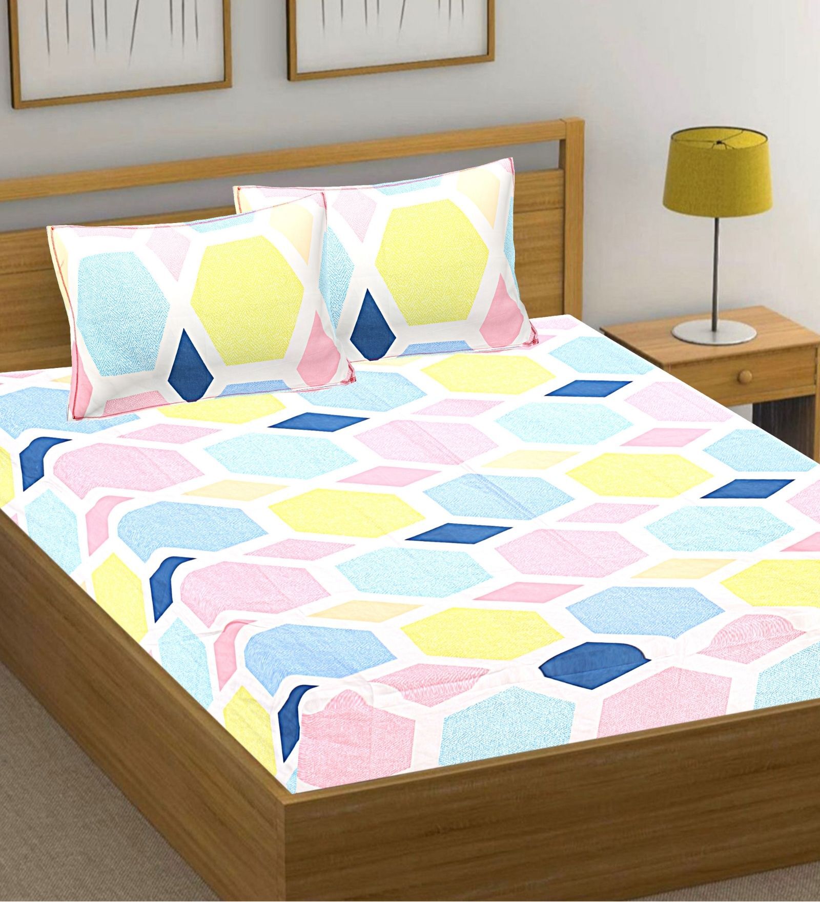 Blue Geometric Cotton Queen Double Size Bed Sheet With 2 Pillow Covers