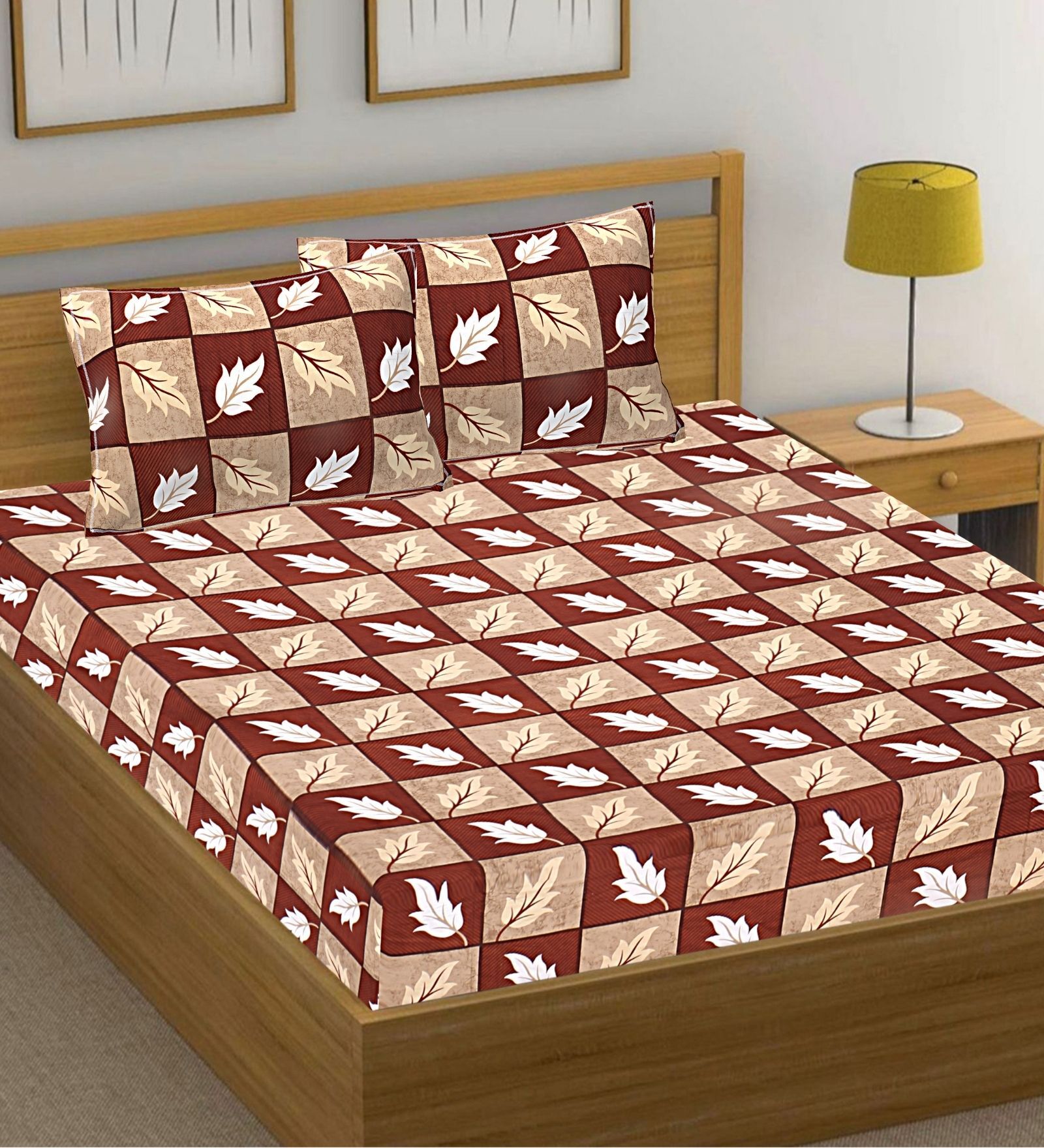 Brown Geometric Cotton Queen Double Size Bed Sheet With 2 Pillow Covers