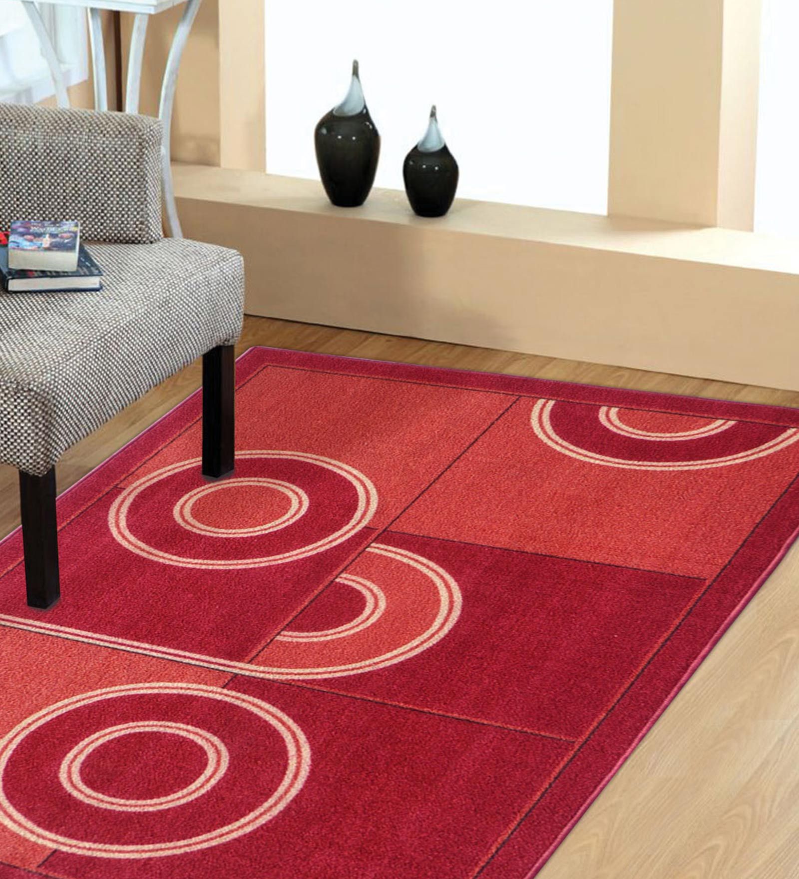 Red Geometric Polyester 4 ft x 6 ft Machine Made Carpet